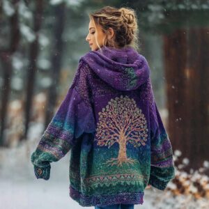 Hooded Cardigan With Tree Of Life Print Long-sleeved Cardigan