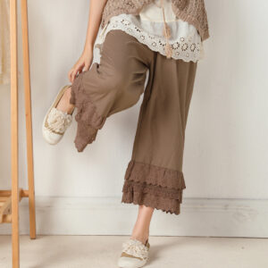 Elastic-Waist Solid Color Cotton-Linen Cropped Pants